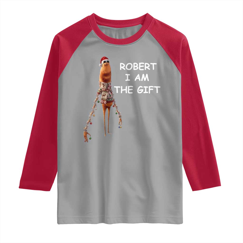 Funny Marcus the Worm in Ugly Christmas Sweater Raglan Shirt Robert I Am the Gift Meme Holiday Humor TS02 Sport Gray Red Print Your Wear