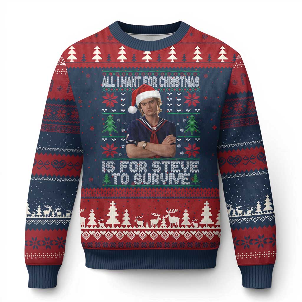 All I Want for Xmas is Steve to Survive Ugly Christmas Sweater Stranger Xmas Wishes Fan Gift TS02 Navy Red Print Your Wear