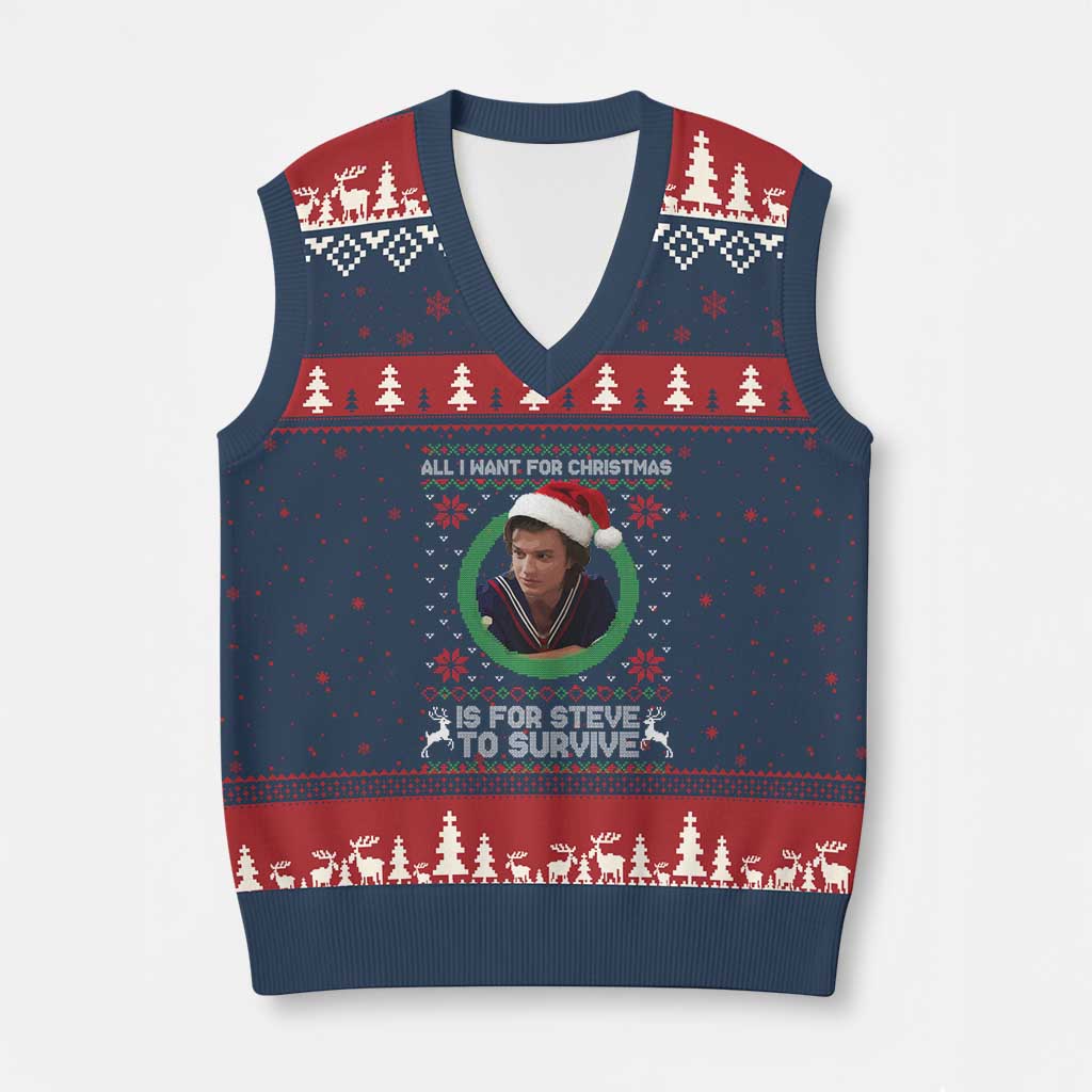 Funny Stranger Xmas Survival Wishes V-Neck Knit Sweater Vest All I Want for Xmas is Steve to Survive Fan Gift TS02 Navy Red Print Your Wear