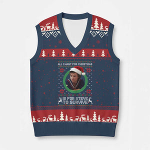 Funny Stranger Xmas Survival Wishes V-Neck Knit Sweater Vest All I Want for Xmas is Steve to Survive Fan Gift TS02 Navy Red Print Your Wear