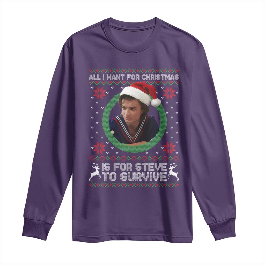 Funny Stranger Xmas Survival Wishes Long Sleeve Shirt All I Want for Christmas is Steve to Survive Fan Gift TS02 Purple Print Your Wear
