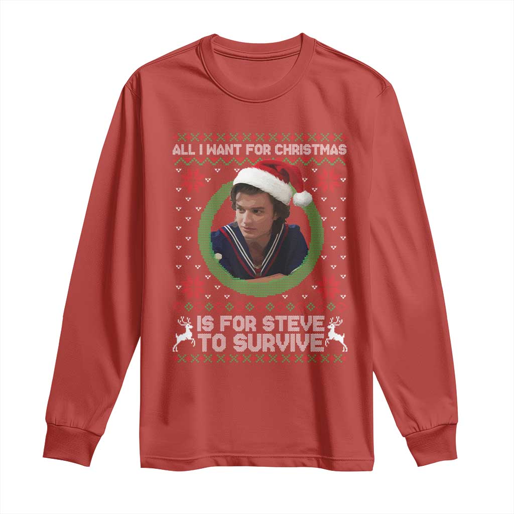 Funny Stranger Xmas Survival Wishes Long Sleeve Shirt All I Want for Christmas is Steve to Survive Fan Gift TS02 Red Print Your Wear