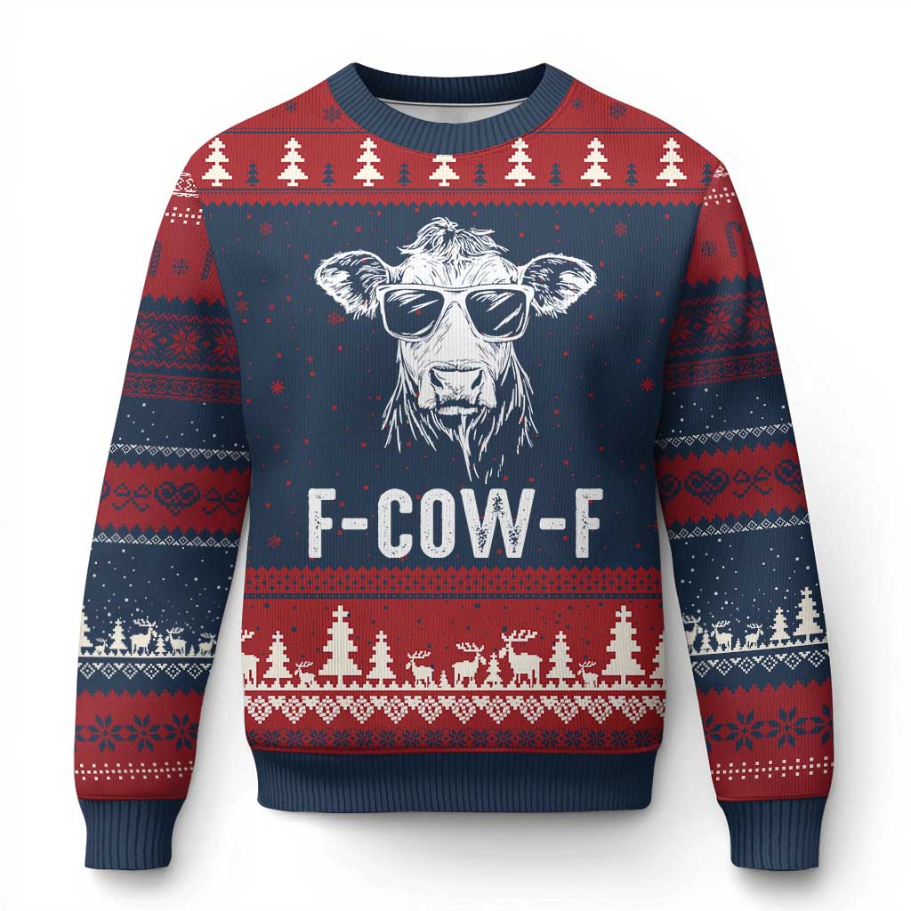 Funny F-Cow-F Cow Attitude Meme Ugly Christmas Sweater Subtle Sass Farm Fresh Humor TS02 Navy Red Print Your Wear