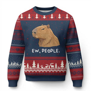 Anti Social Capybara Meme Ugly Christmas Sweater Ew People Sarcastic Funny Introvert Gift TS02 Navy Red Print Your Wear