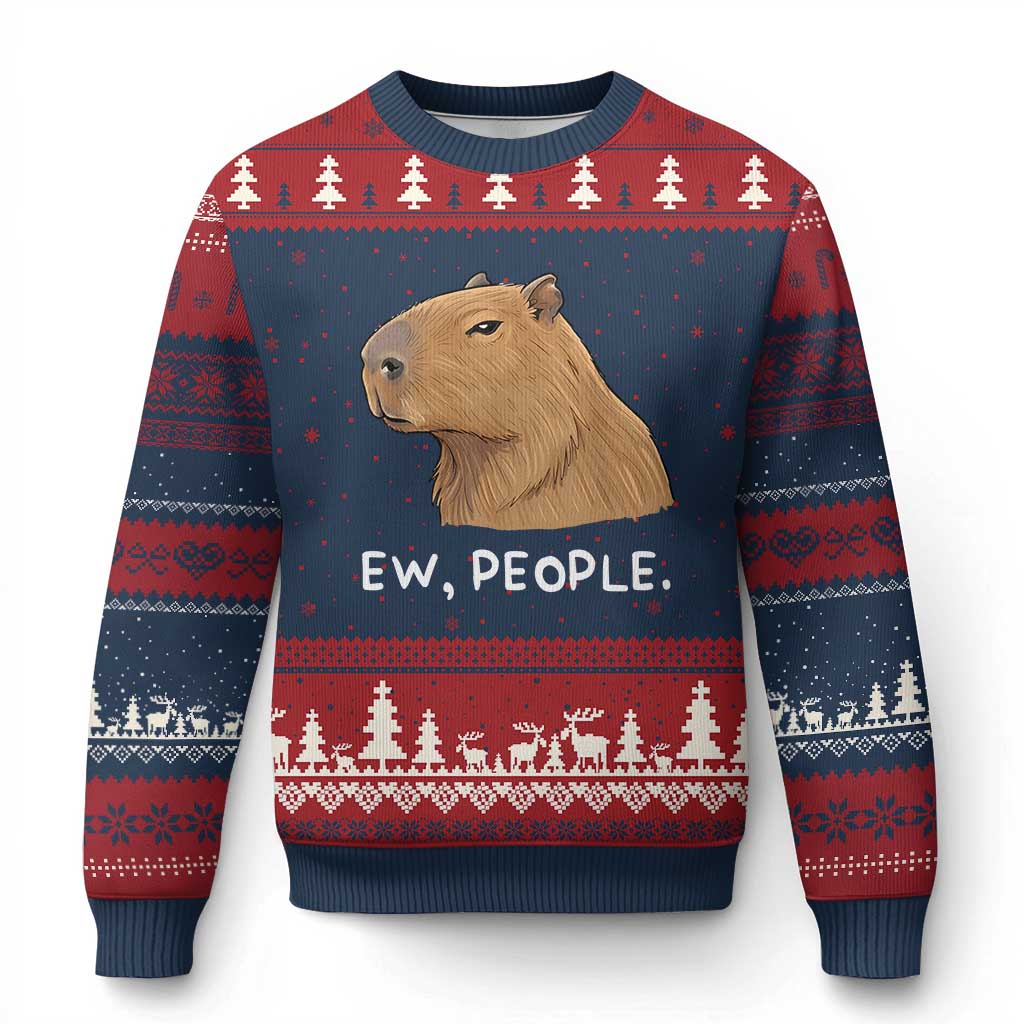 Anti Social Capybara Meme Ugly Christmas Sweater Ew People Sarcastic Funny Introvert Gift TS02 Navy Red Print Your Wear