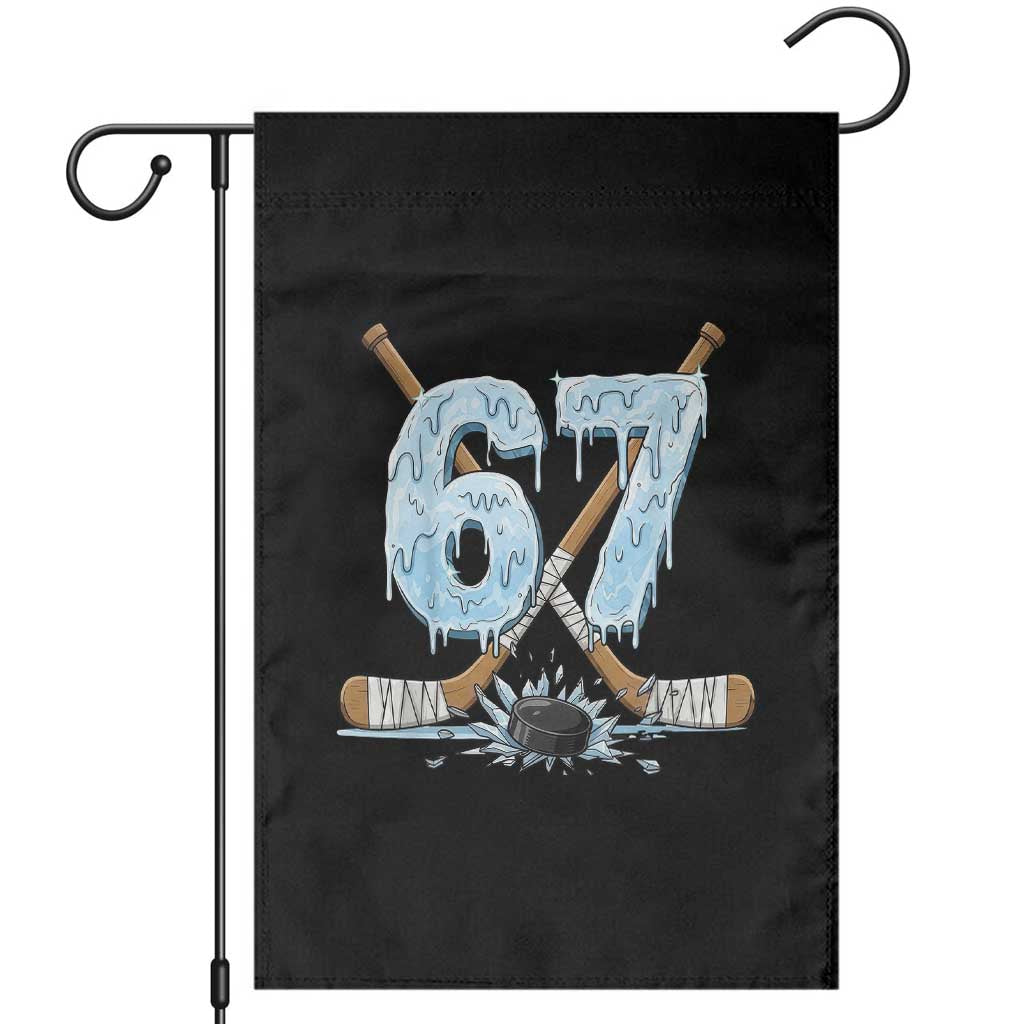 67 Ice Hockey Sticks and Puck Garden Flag Funny Six Seven Brainrot Dripping Number Melting Snow TS02 Black Print Your Wear