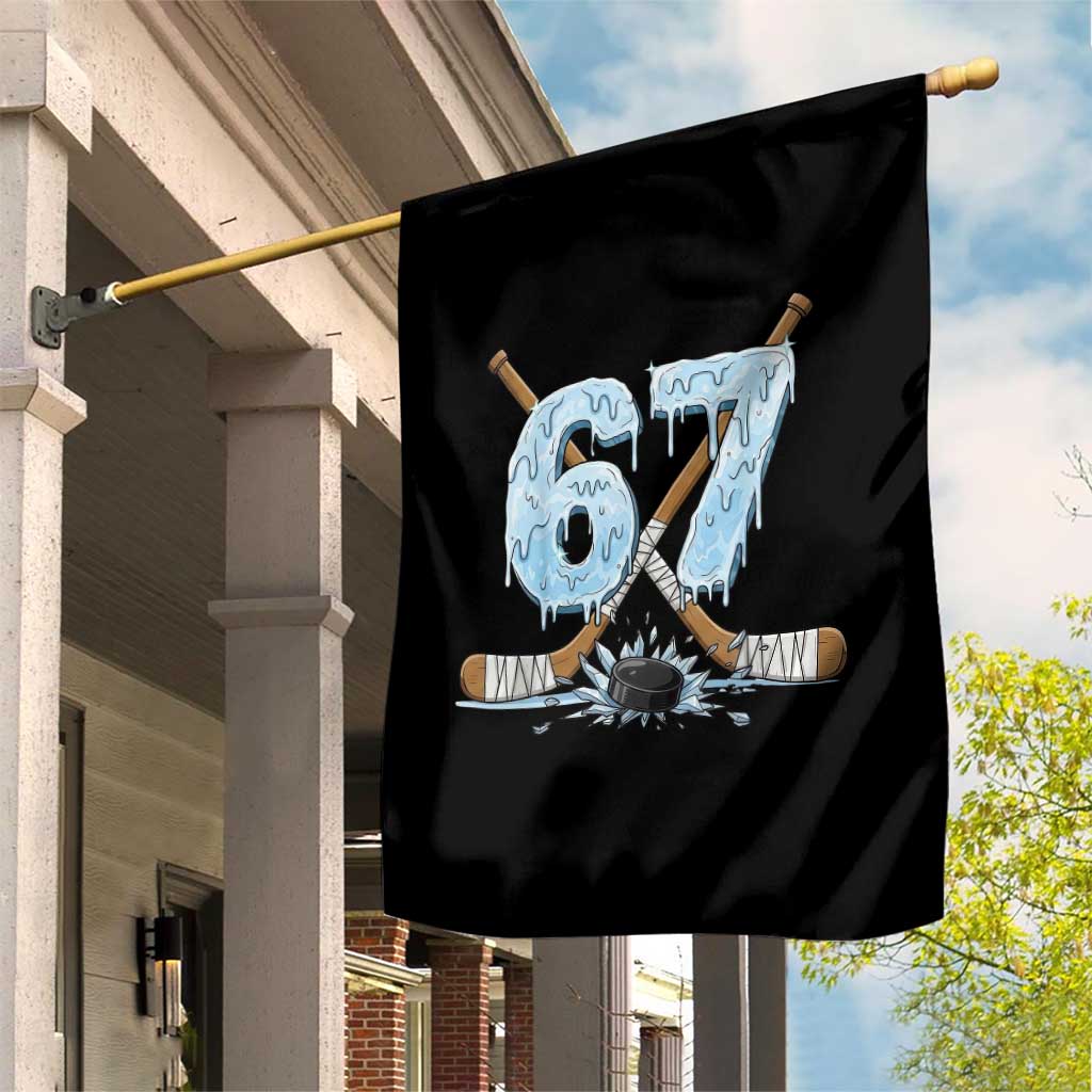 67 Ice Hockey Sticks and Puck Garden Flag Funny Six Seven Brainrot Dripping Number Melting Snow TS02 Print Your Wear