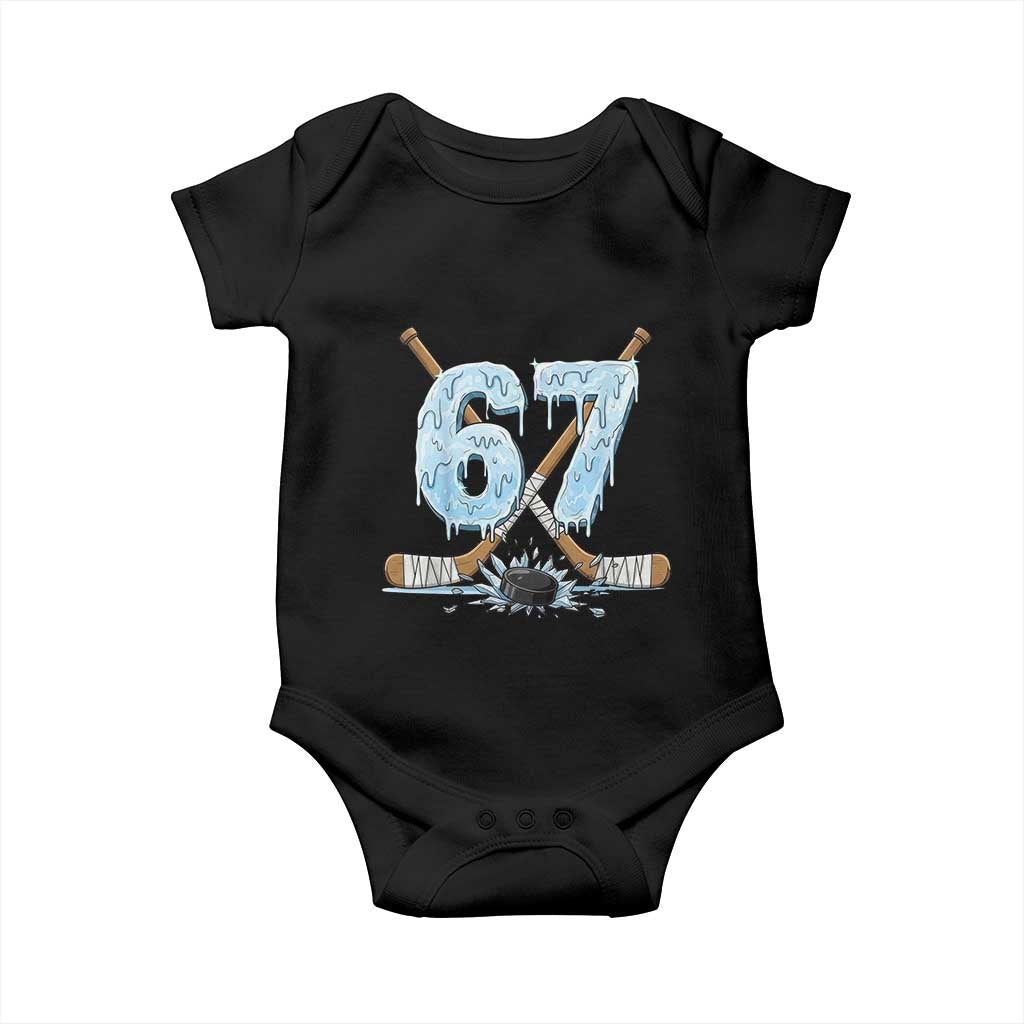 67 Ice Hockey Sticks and Puck Baby Onesie Funny Six Seven Brainrot Dripping Number Melting Snow TS02 Black Print Your Wear