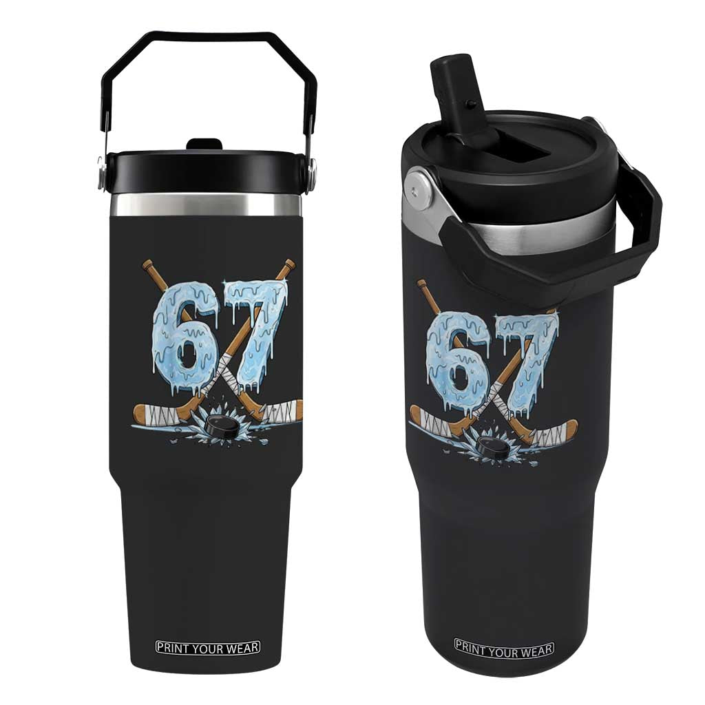 67 Ice Hockey Sticks and Puck Flip Straw Tumbler Funny Six Seven Brainrot Dripping Number Melting Snow TS02 One Size: 30 oz Black Print Your Wear