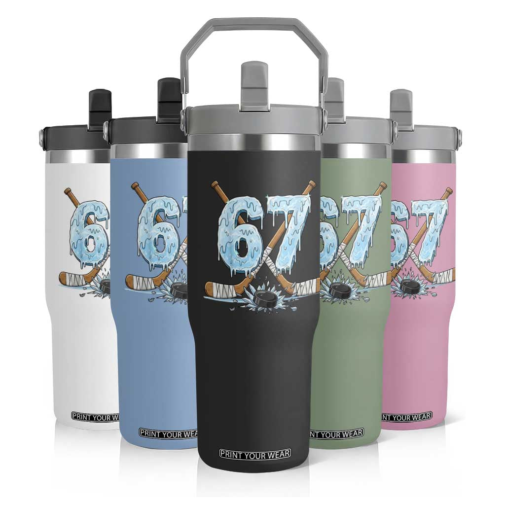 67 Ice Hockey Sticks and Puck Flip Straw Tumbler Funny Six Seven Brainrot Dripping Number Melting Snow TS02 Print Your Wear