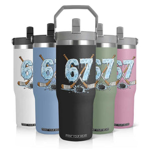 67 Ice Hockey Sticks and Puck Flip Straw Tumbler Funny Six Seven Brainrot Dripping Number Melting Snow TS02 Print Your Wear