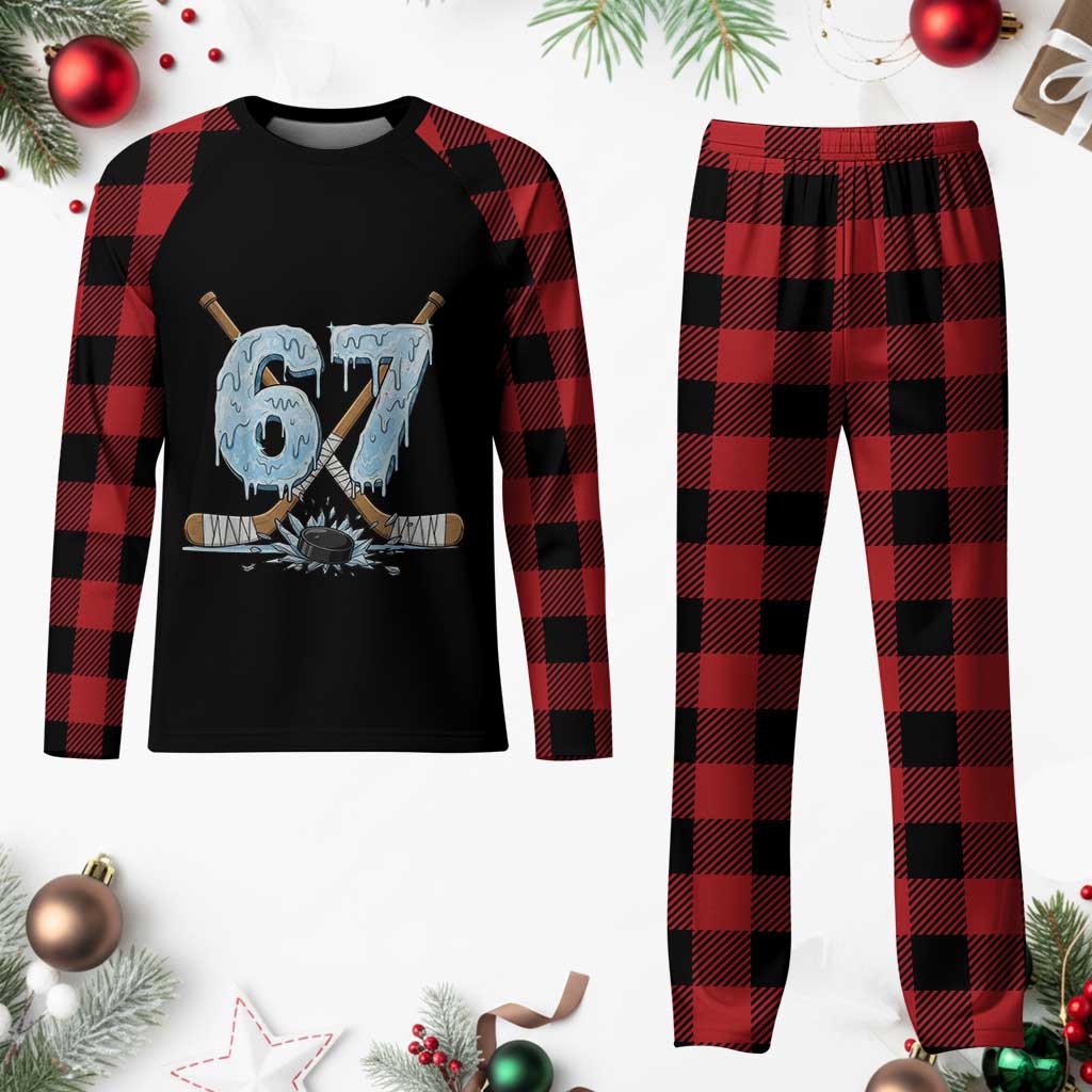67 Ice Hockey Sticks and Puck Plaid Pajama Set Funny Six Seven Brainrot Dripping Number Melting Snow TS02 Buffalo Plaid Print Your Wear