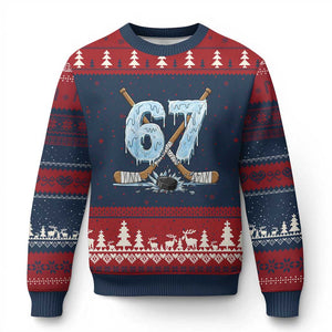 67 Ice Hockey Sticks and Puck Ugly Christmas Sweater Funny Six Seven Brainrot Dripping Number Melting Snow TS02 Navy Red Print Your Wear