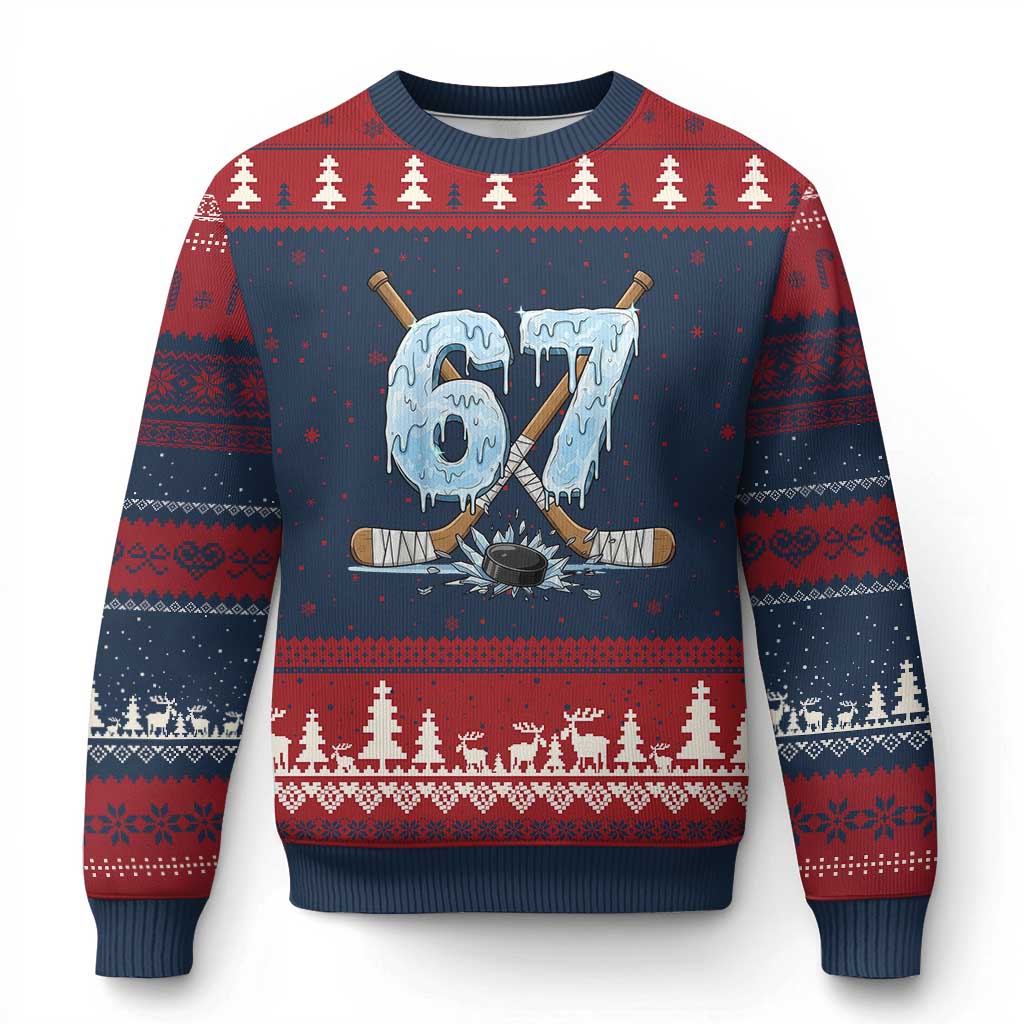67 Ice Hockey Sticks and Puck Ugly Christmas Sweater Funny Six Seven Brainrot Dripping Number Melting Snow TS02 Navy Red Print Your Wear