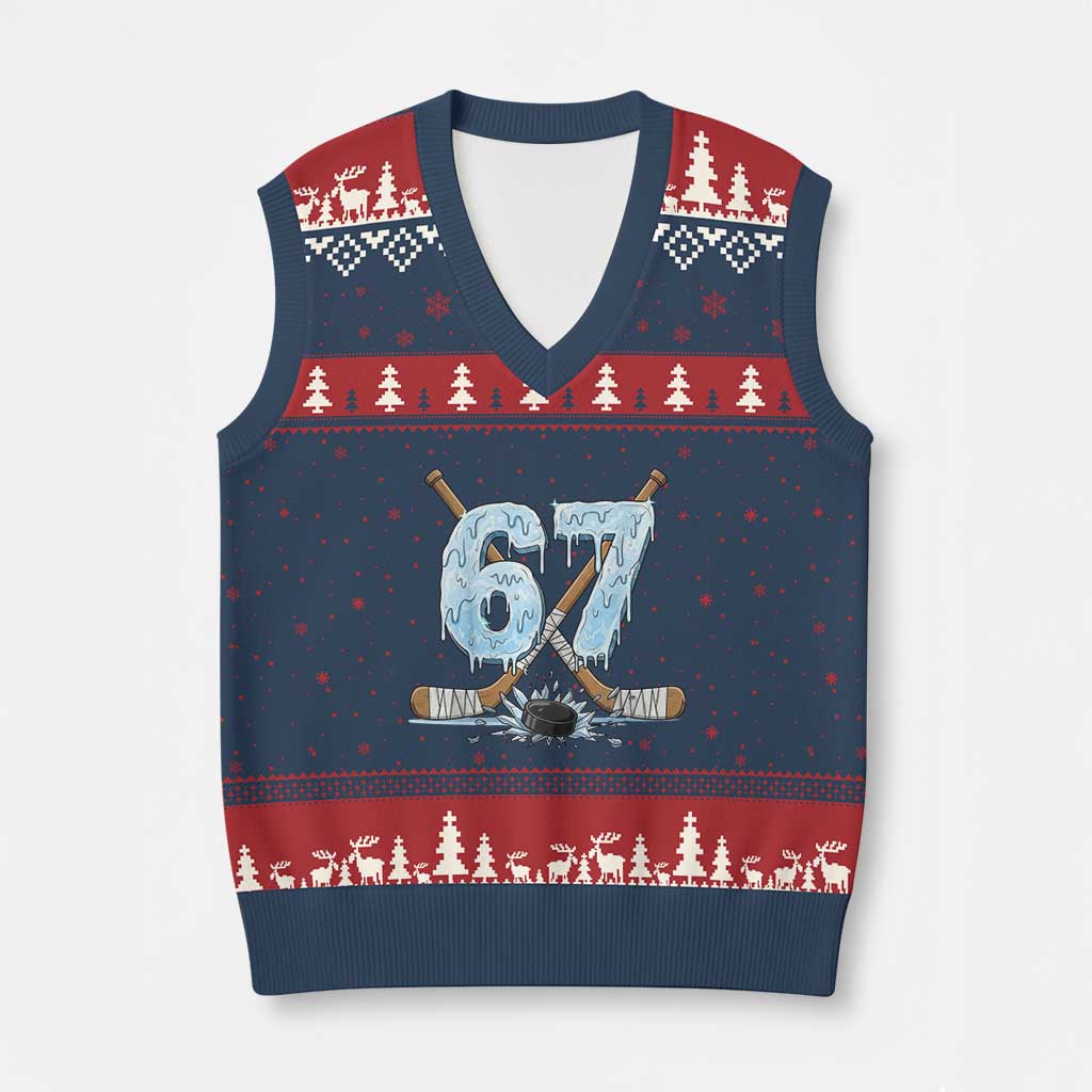 67 Ice Hockey Sticks and Puck V-Neck Knit Sweater Vest Funny Six Seven Brainrot Dripping Number Melting Snow TS02 Navy Red Print Your Wear