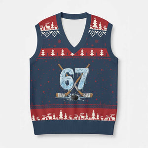 67 Ice Hockey Sticks and Puck V-Neck Knit Sweater Vest Funny Six Seven Brainrot Dripping Number Melting Snow TS02 Navy Red Print Your Wear