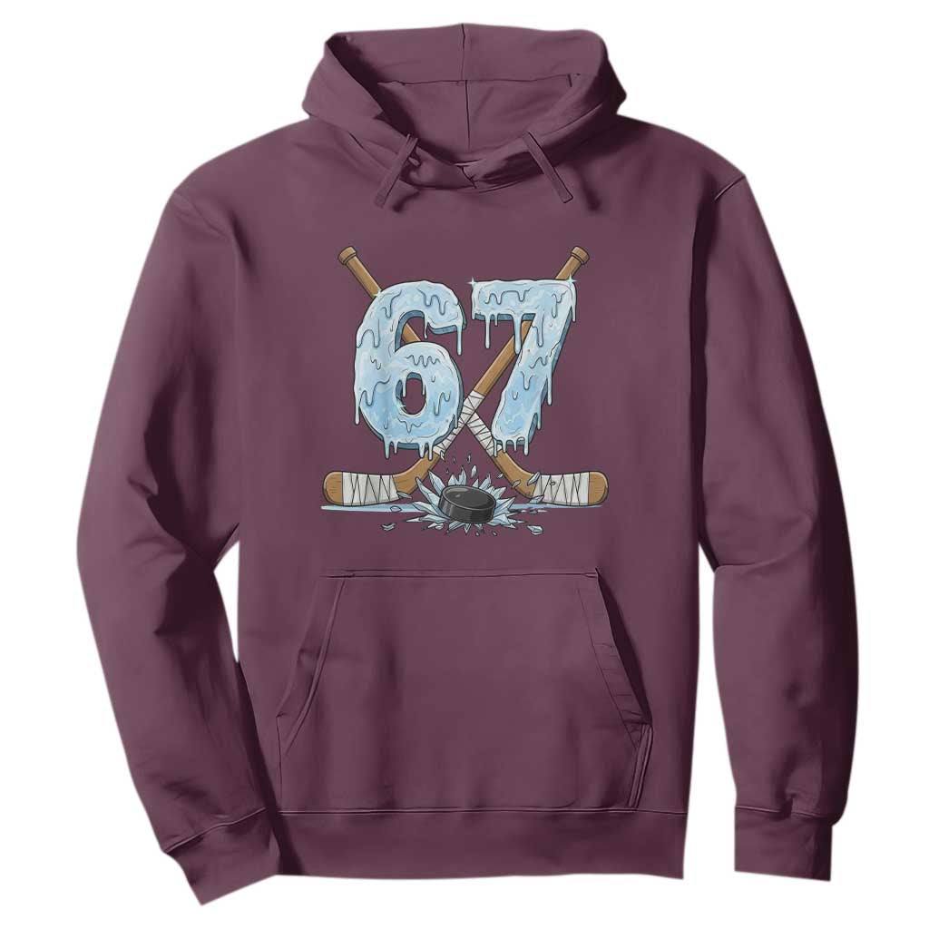 67 Ice Hockey Sticks and Puck Hoodie Funny Six Seven Brainrot Dripping Number Melting Snow TS02 Maroon Print Your Wear