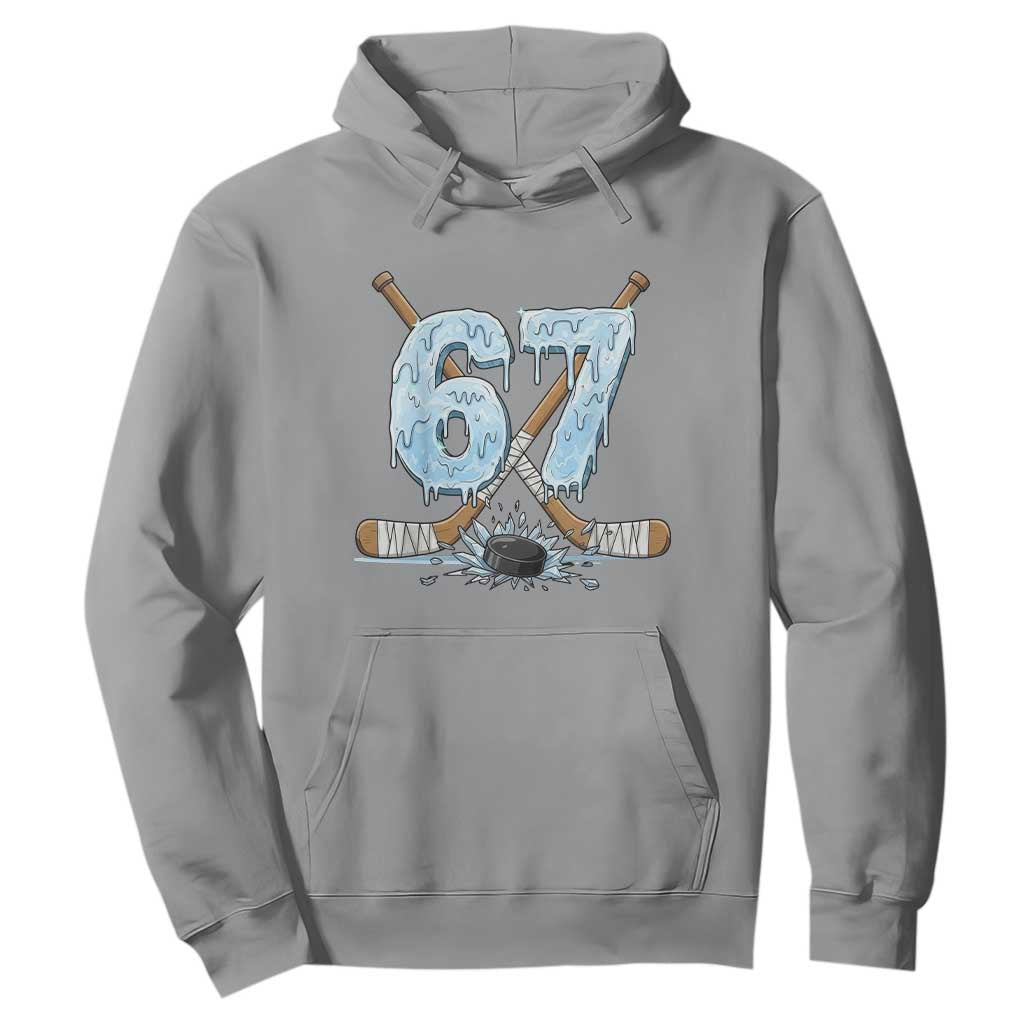 67 Ice Hockey Sticks and Puck Hoodie Funny Six Seven Brainrot Dripping Number Melting Snow TS02 Sport Gray Print Your Wear