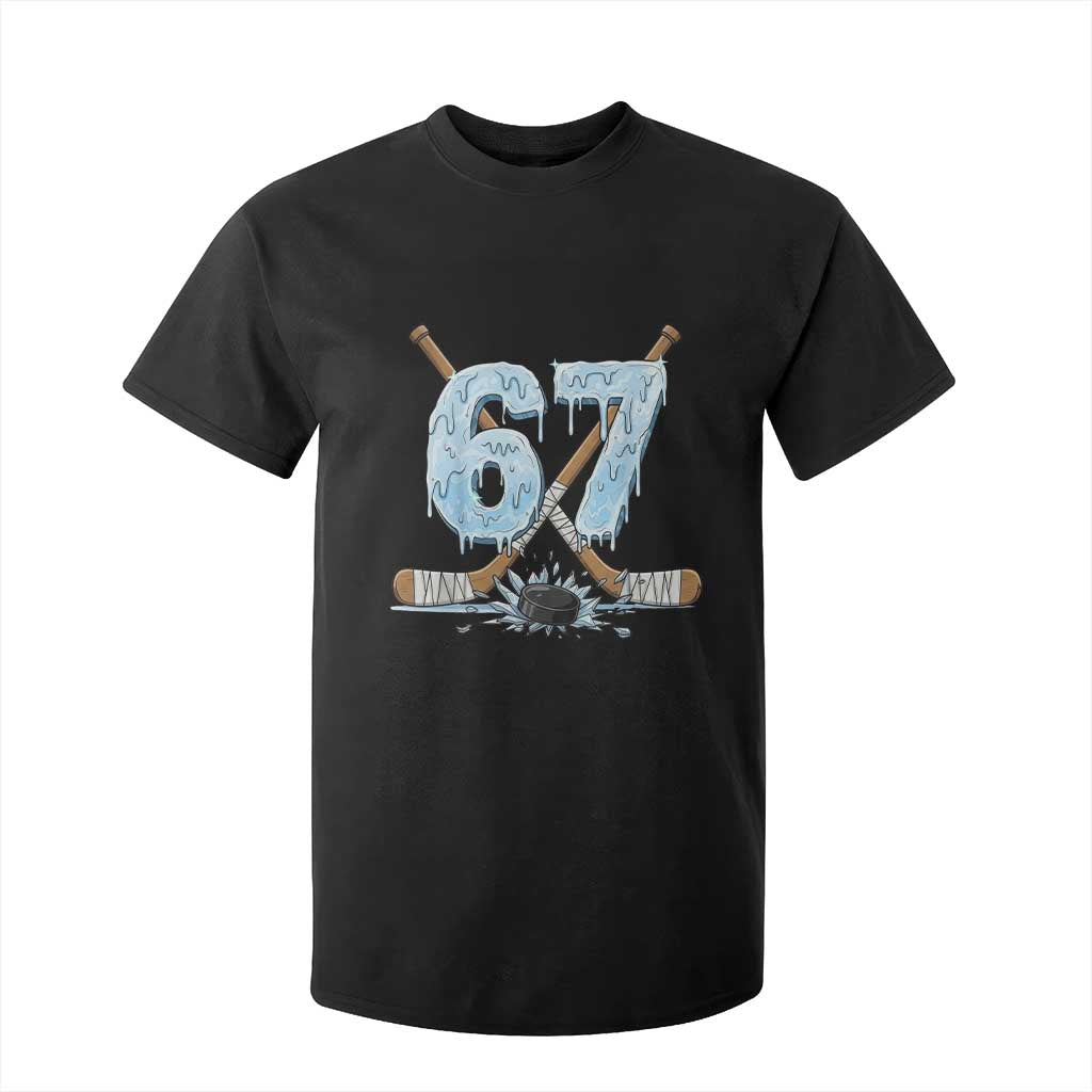 67 Ice Hockey Sticks and Puck T Shirt For Kid Funny Six Seven Brainrot Dripping Number Melting Snow TS02 Black Print Your Wear