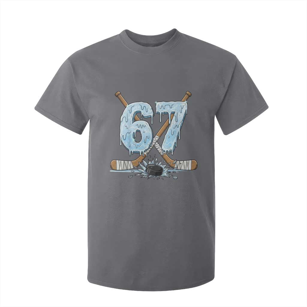 67 Ice Hockey Sticks and Puck T Shirt For Kid Funny Six Seven Brainrot Dripping Number Melting Snow TS02 Charcoal Print Your Wear