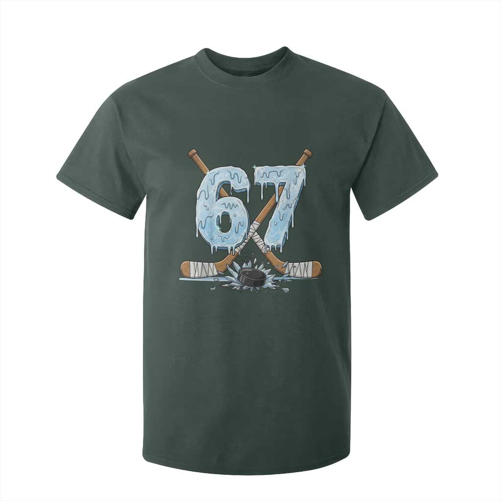 67 Ice Hockey Sticks and Puck T Shirt For Kid Funny Six Seven Brainrot Dripping Number Melting Snow TS02 Dark Forest Green Print Your Wear