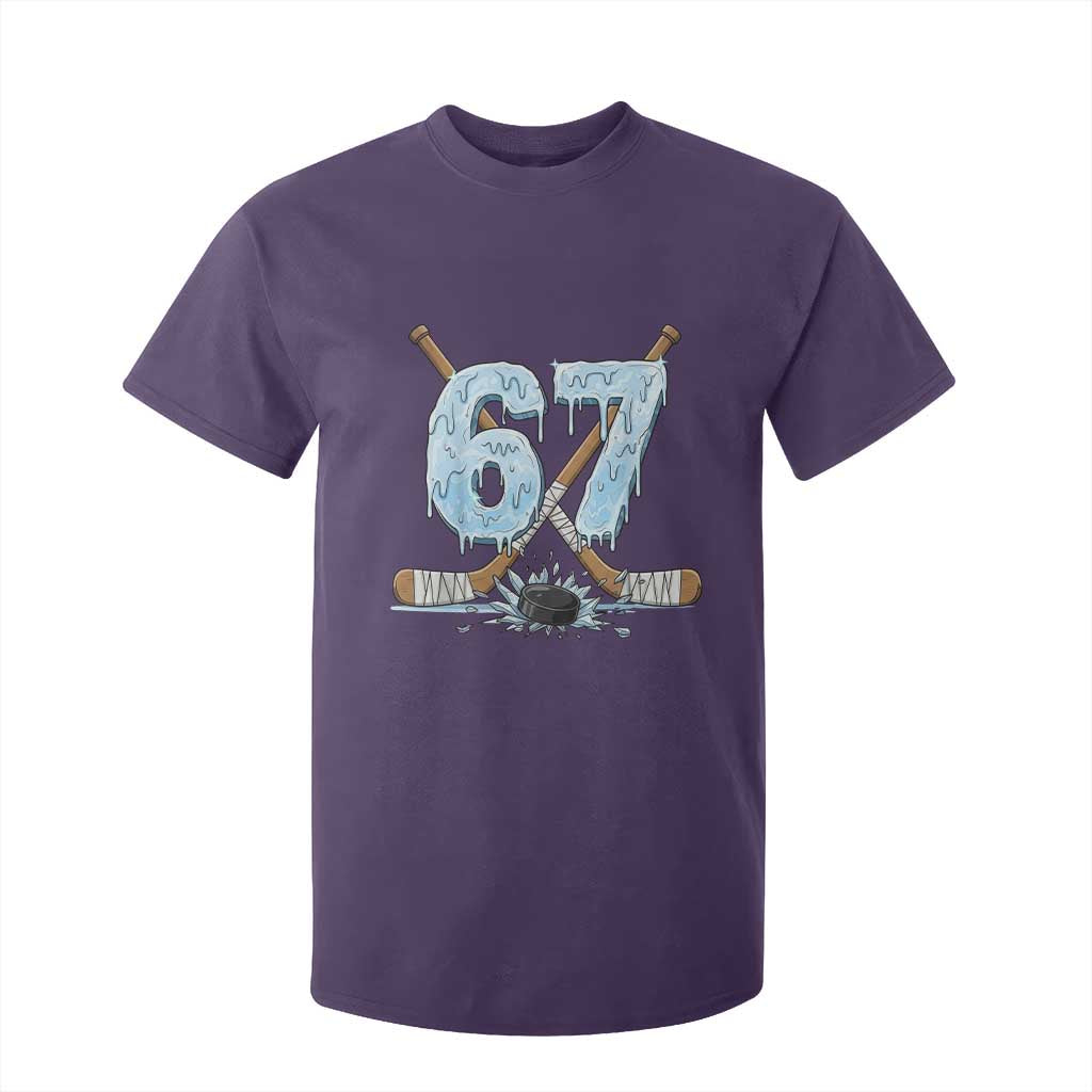 67 Ice Hockey Sticks and Puck T Shirt For Kid Funny Six Seven Brainrot Dripping Number Melting Snow TS02 Purple Print Your Wear