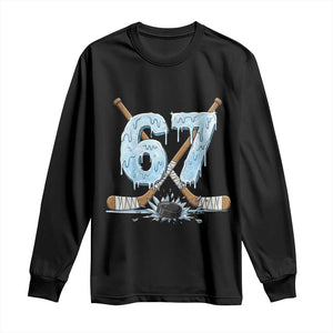 67 Ice Hockey Sticks and Puck Long Sleeve Shirt Funny Six Seven Brainrot Dripping Number Melting Snow TS02 Black Print Your Wear