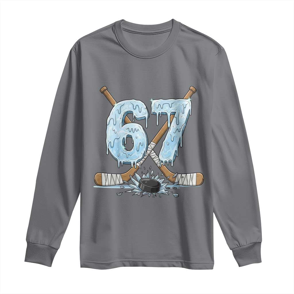 67 Ice Hockey Sticks and Puck Long Sleeve Shirt Funny Six Seven Brainrot Dripping Number Melting Snow TS02 Charcoal Print Your Wear