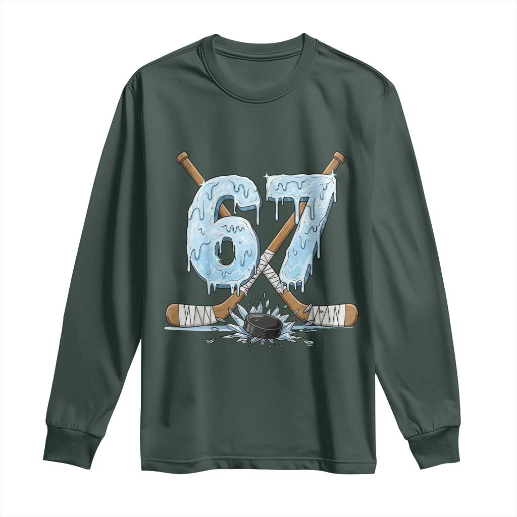 67 Ice Hockey Sticks and Puck Long Sleeve Shirt Funny Six Seven Brainrot Dripping Number Melting Snow TS02 Dark Forest Green Print Your Wear