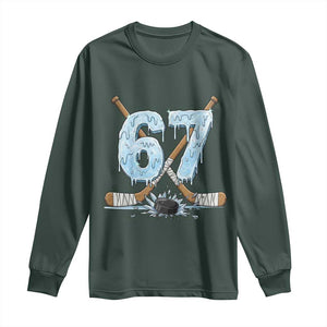 67 Ice Hockey Sticks and Puck Long Sleeve Shirt Funny Six Seven Brainrot Dripping Number Melting Snow TS02 Dark Forest Green Print Your Wear