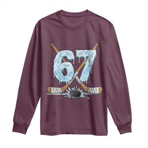 67 Ice Hockey Sticks and Puck Long Sleeve Shirt Funny Six Seven Brainrot Dripping Number Melting Snow TS02 Maroon Print Your Wear