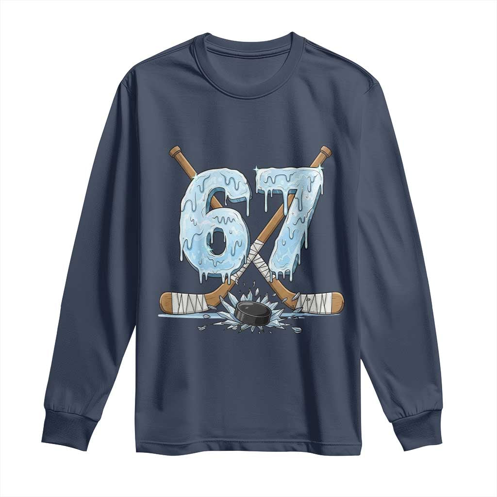 67 Ice Hockey Sticks and Puck Long Sleeve Shirt Funny Six Seven Brainrot Dripping Number Melting Snow TS02 Navy Print Your Wear