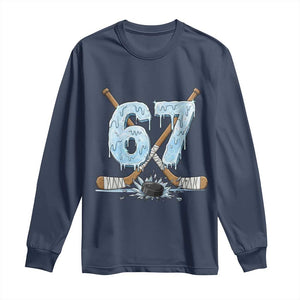 67 Ice Hockey Sticks and Puck Long Sleeve Shirt Funny Six Seven Brainrot Dripping Number Melting Snow TS02 Navy Print Your Wear