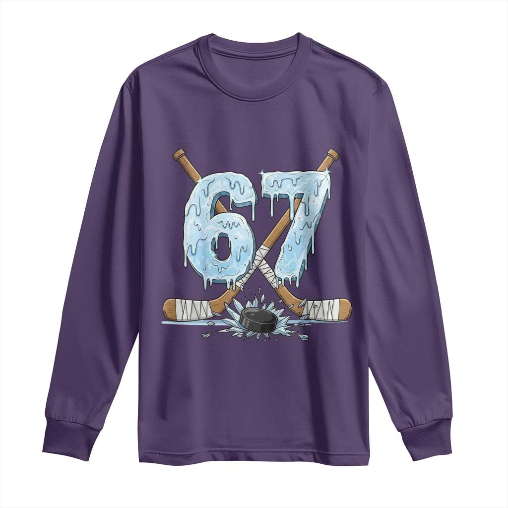 67 Ice Hockey Sticks and Puck Long Sleeve Shirt Funny Six Seven Brainrot Dripping Number Melting Snow TS02 Purple Print Your Wear