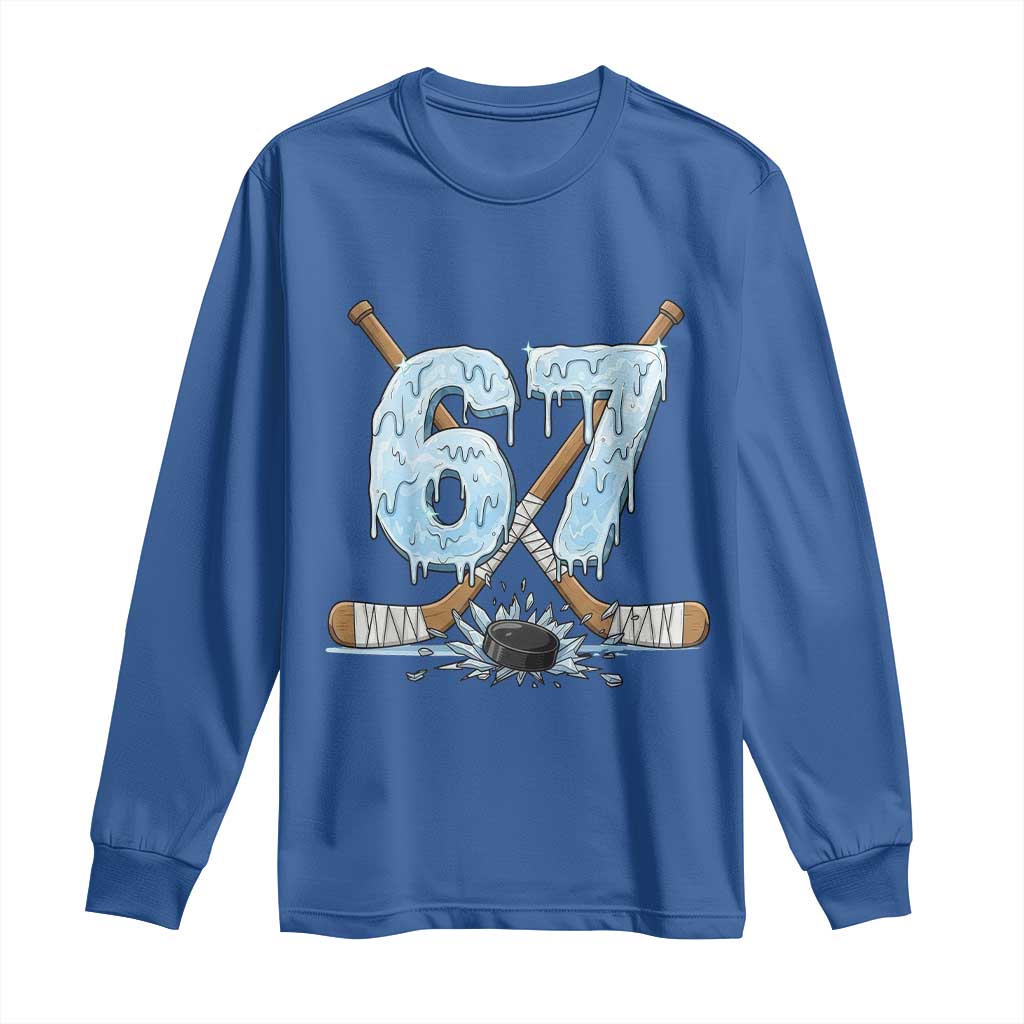 67 Ice Hockey Sticks and Puck Long Sleeve Shirt Funny Six Seven Brainrot Dripping Number Melting Snow TS02 Royal Blue Print Your Wear