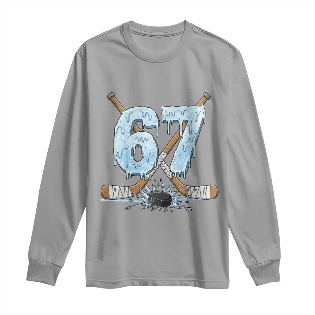 67 Ice Hockey Sticks and Puck Long Sleeve Shirt Funny Six Seven Brainrot Dripping Number Melting Snow TS02 Sport Gray Print Your Wear