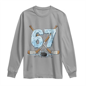 67 Ice Hockey Sticks and Puck Long Sleeve Shirt Funny Six Seven Brainrot Dripping Number Melting Snow TS02 Sport Gray Print Your Wear