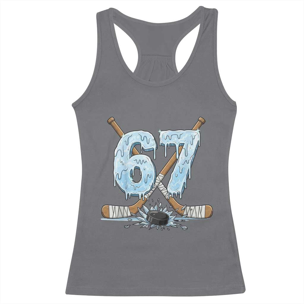 67 Ice Hockey Sticks and Puck Racerback Tank Top Funny Six Seven Brainrot Dripping Number Melting Snow TS02 Charcoal Print Your Wear