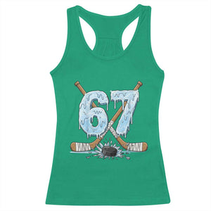 67 Ice Hockey Sticks and Puck Racerback Tank Top Funny Six Seven Brainrot Dripping Number Melting Snow TS02 Irish Green Print Your Wear