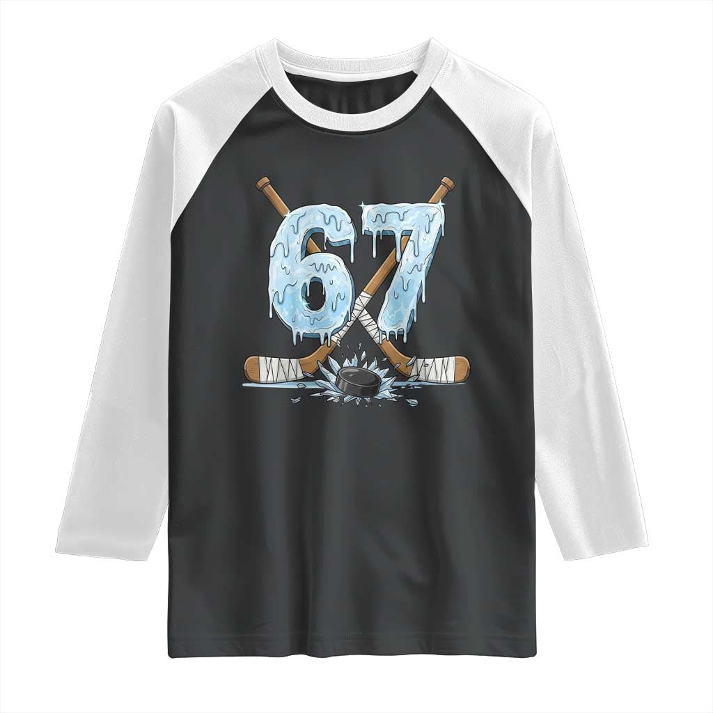67 Ice Hockey Sticks and Puck Raglan Shirt Funny Six Seven Brainrot Dripping Number Melting Snow TS02 Black White Print Your Wear