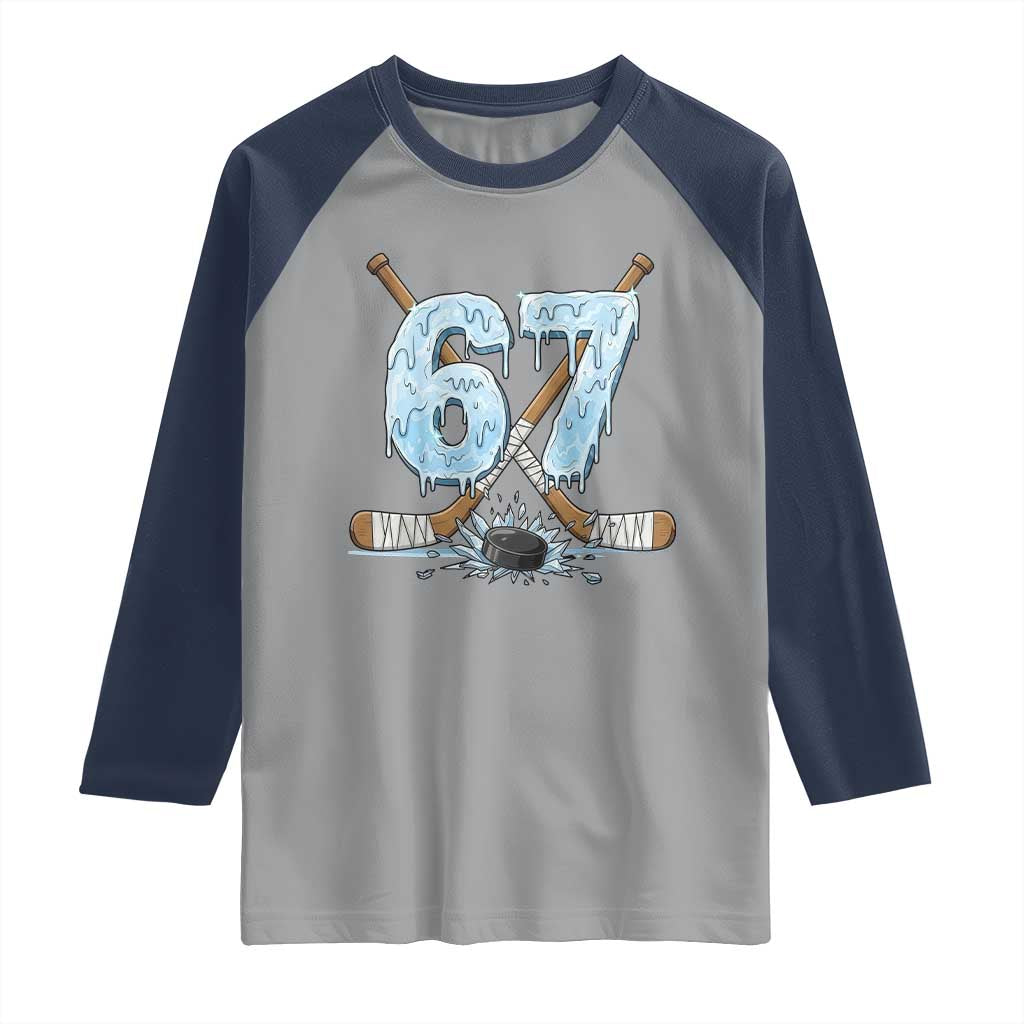 67 Ice Hockey Sticks and Puck Raglan Shirt Funny Six Seven Brainrot Dripping Number Melting Snow TS02 Sport Gray Navy Print Your Wear