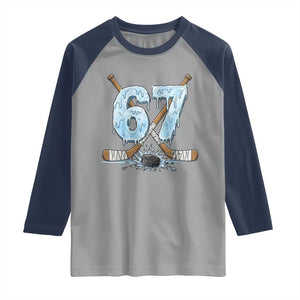 67 Ice Hockey Sticks and Puck Raglan Shirt Funny Six Seven Brainrot Dripping Number Melting Snow TS02 Sport Gray Navy Print Your Wear