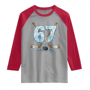 67 Ice Hockey Sticks and Puck Raglan Shirt Funny Six Seven Brainrot Dripping Number Melting Snow TS02 Sport Gray Red Print Your Wear