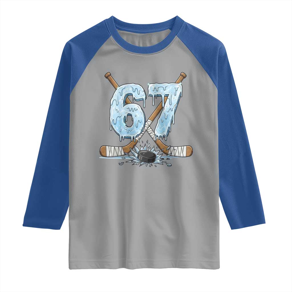 67 Ice Hockey Sticks and Puck Raglan Shirt Funny Six Seven Brainrot Dripping Number Melting Snow TS02 Sport Gray Royal Print Your Wear