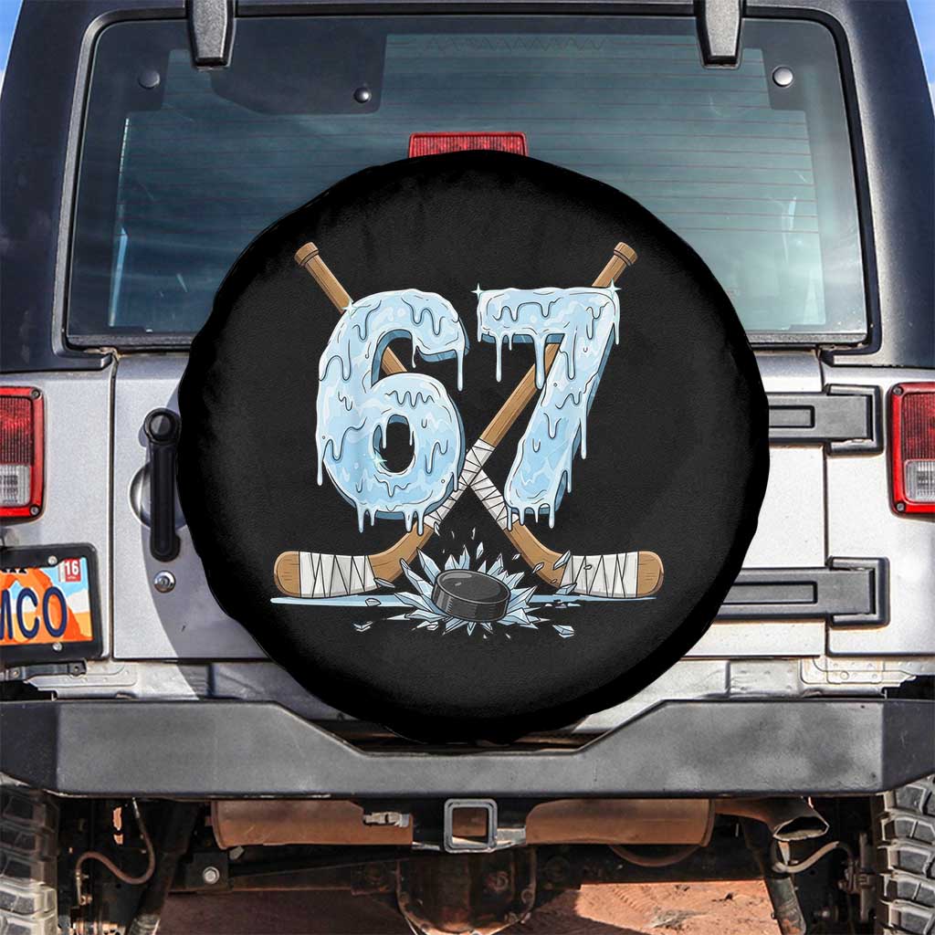 67 Ice Hockey Sticks and Puck Spare Tire Cover Funny Six Seven Brainrot Dripping Number Melting Snow TS02 No hole Black Print Your Wear