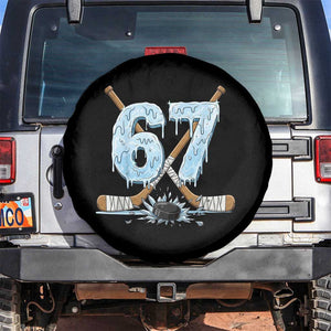 67 Ice Hockey Sticks and Puck Spare Tire Cover Funny Six Seven Brainrot Dripping Number Melting Snow TS02 No hole Black Print Your Wear