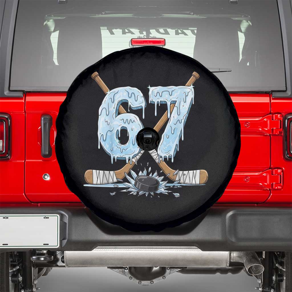 67 Ice Hockey Sticks and Puck Spare Tire Cover Funny Six Seven Brainrot Dripping Number Melting Snow TS02 Black Print Your Wear