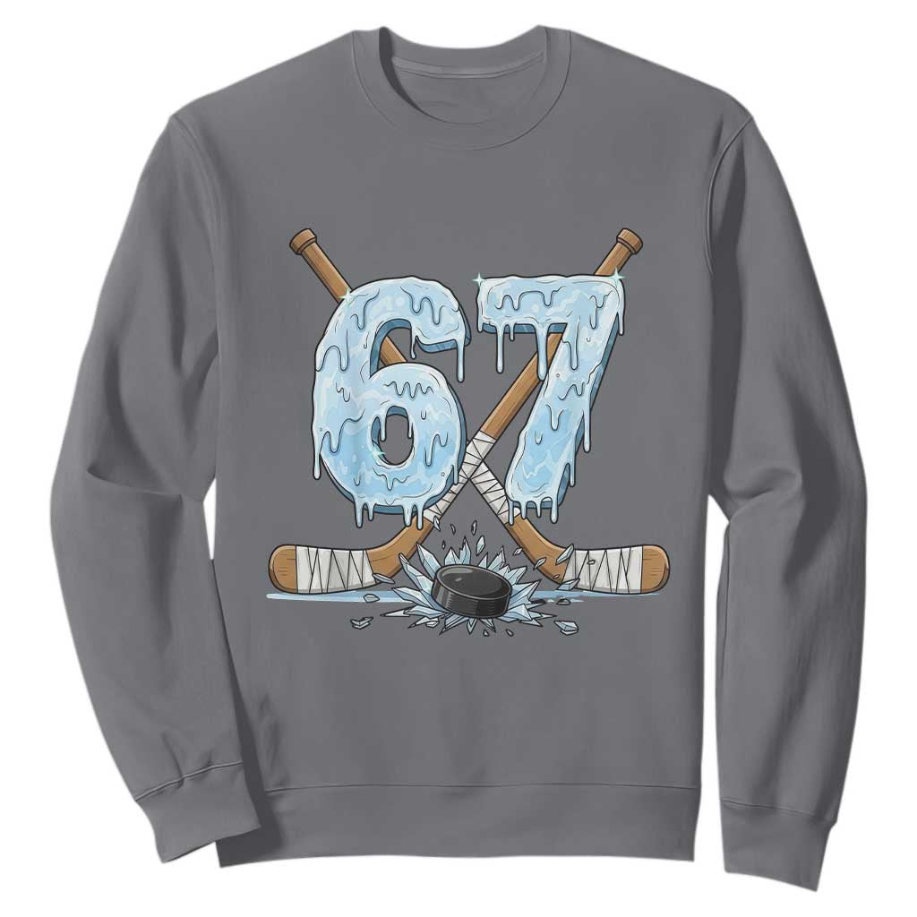 67 Ice Hockey Sticks and Puck Sweatshirt Funny Six Seven Brainrot Dripping Number Melting Snow TS02 Charcoal Print Your Wear
