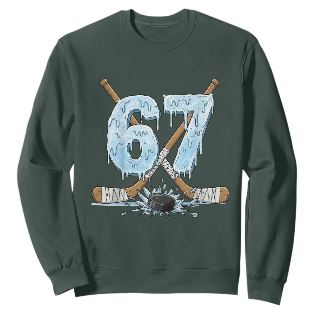 67 Ice Hockey Sticks and Puck Sweatshirt Funny Six Seven Brainrot Dripping Number Melting Snow TS02 Dark Forest Green Print Your Wear