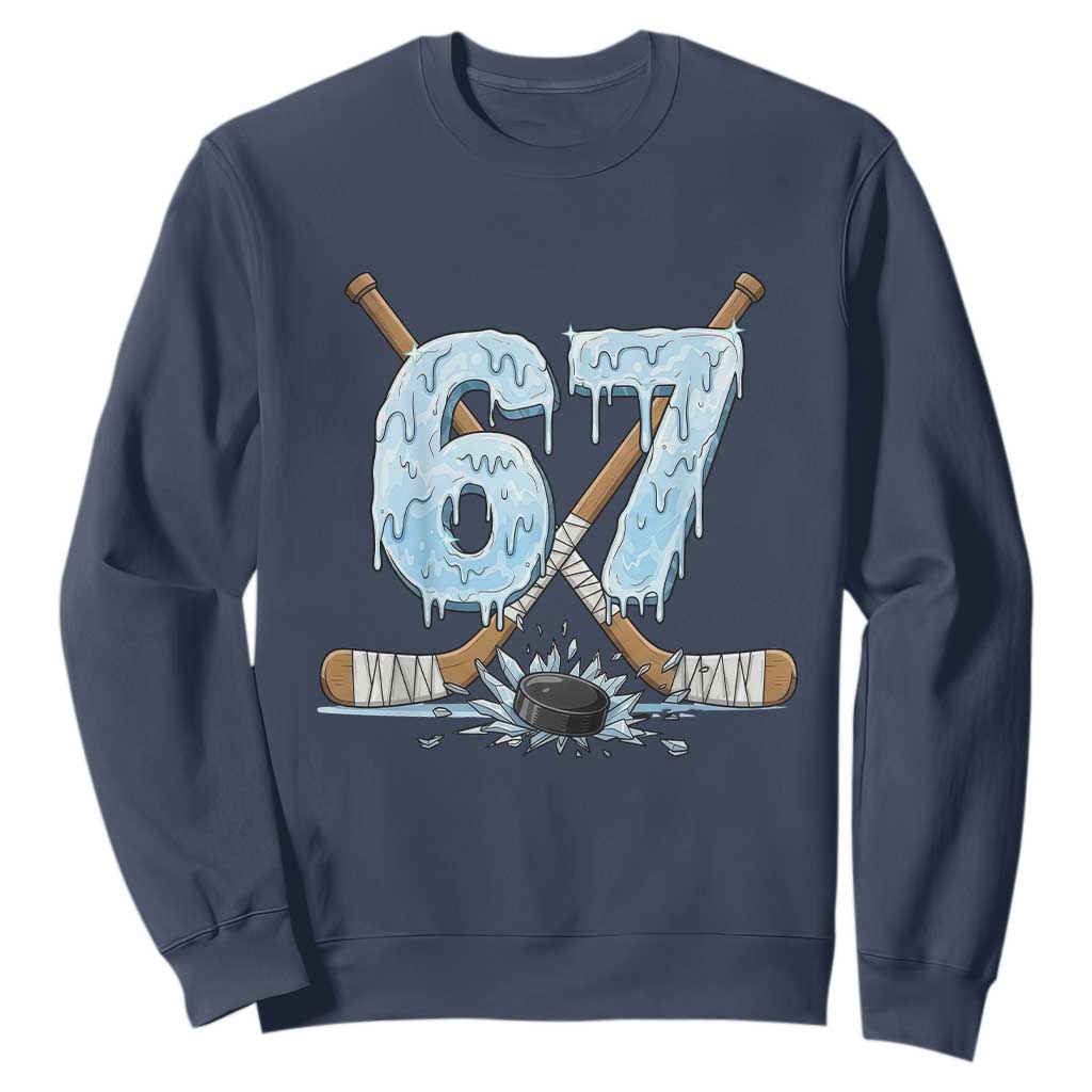 67 Ice Hockey Sticks and Puck Sweatshirt Funny Six Seven Brainrot Dripping Number Melting Snow TS02 Navy Print Your Wear